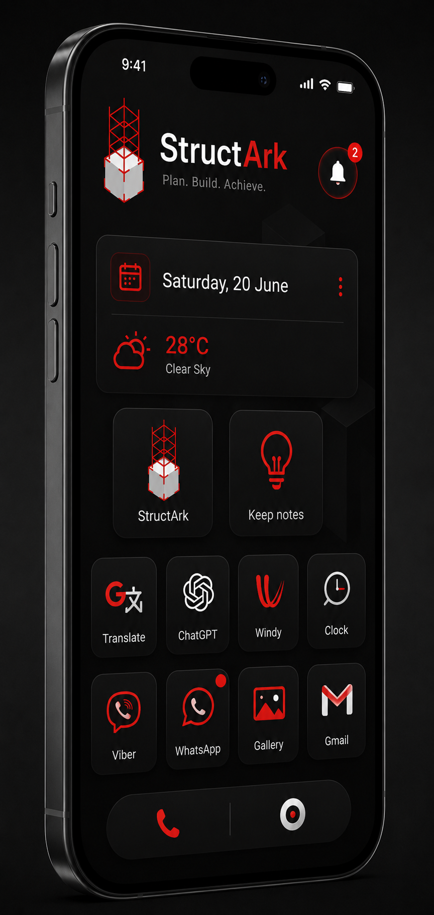Phone home screen with the installed StructArk app icon and widget